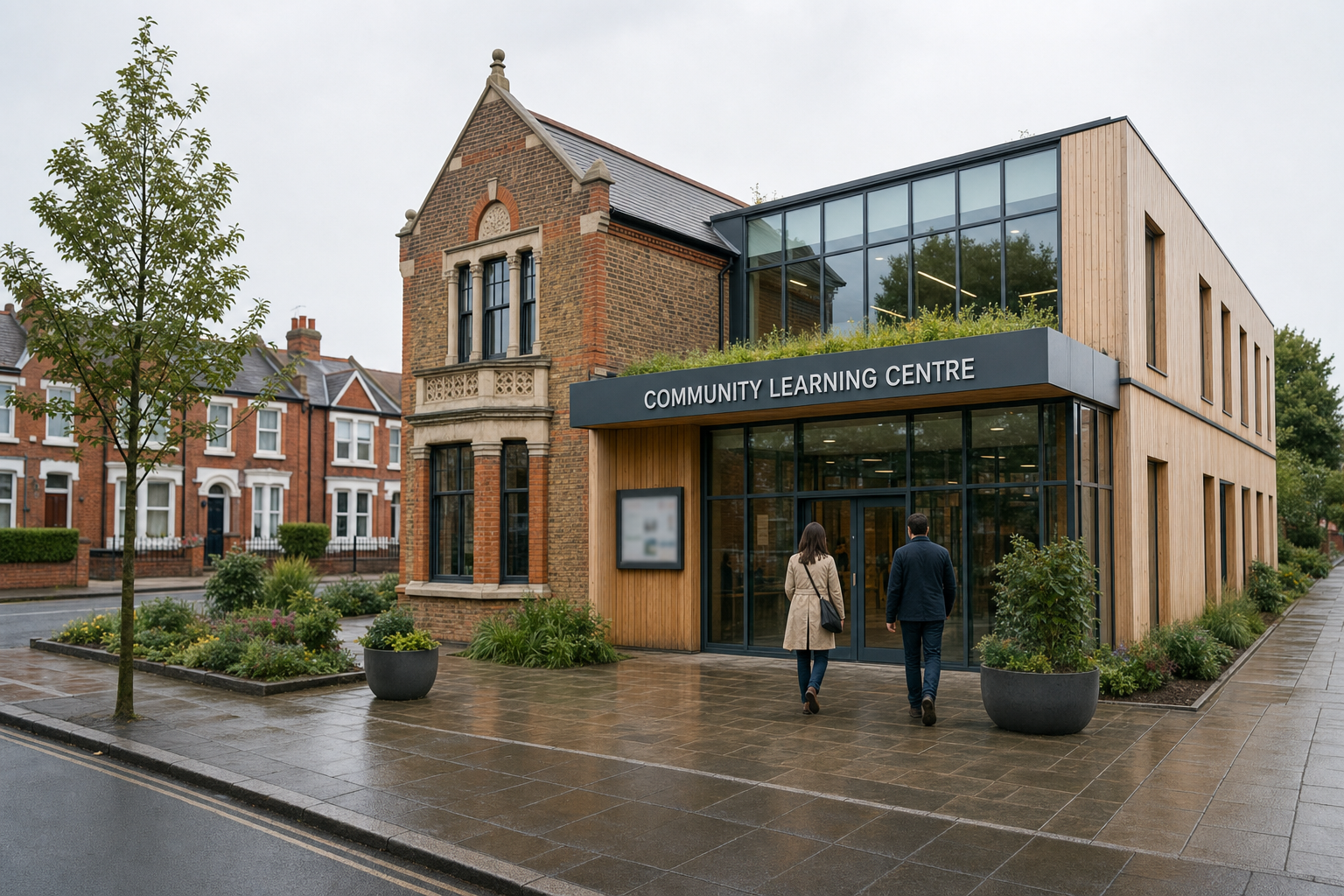 Quiet community learning centre on a residential street—an unfussy civic building of the kind our work supports.