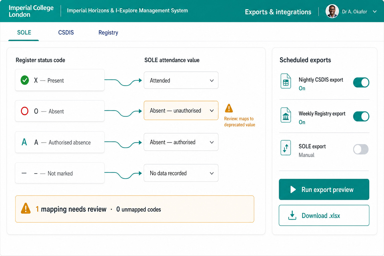 Imperial Horizons and I-Explore exports and integrations: register status codes mapped to SOLE, CSDIS and Registry attendance values with connector arrows, a validation warning, and scheduled-export toggles.