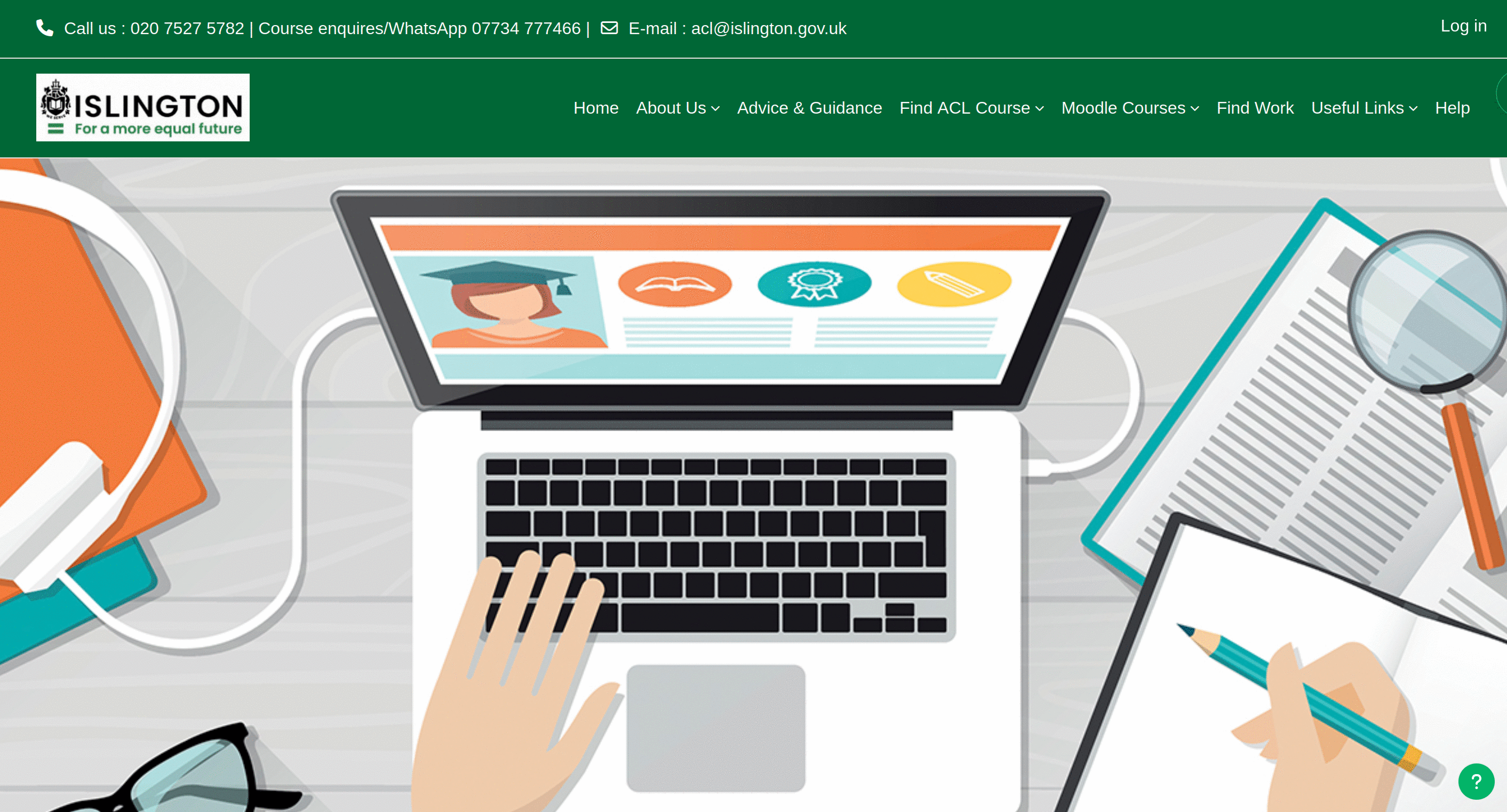 Islington Adult Community Learning website header with borough crest, course navigation, and an illustration of a learner at a laptop with study materials.