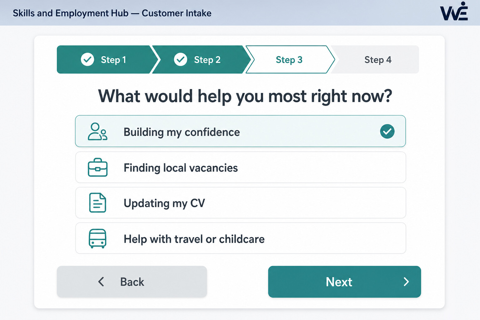 Work Zones intake wizard step on a tablet-friendly layout: a four-step progress lane, the conversational question 'What would help you most right now?', and large selectable options like building confidence, finding vacancies, updating a CV, or help with travel and childcare.